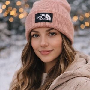 The North Face TNF Logo Box Cuffed Beanie Rose/Pink Knit Hat NWT